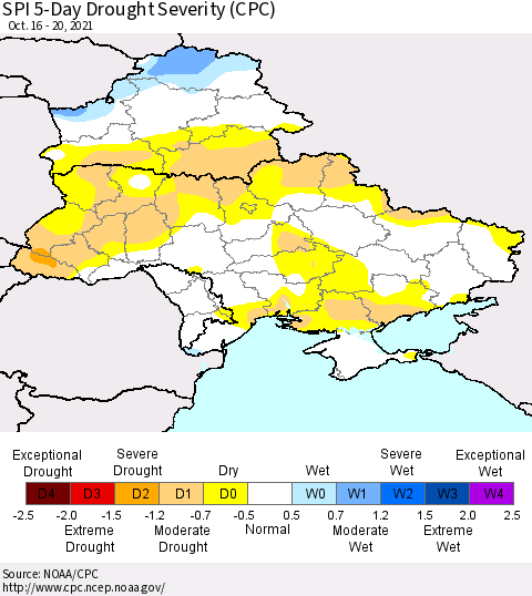 Ukraine, Moldova and Belarus SPI 5-Day Drought Severity (CPC) Thematic Map For 10/16/2021 - 10/20/2021