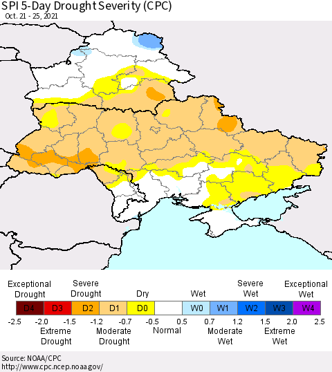 Ukraine, Moldova and Belarus SPI 5-Day Drought Severity (CPC) Thematic Map For 10/21/2021 - 10/25/2021