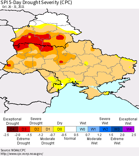 Ukraine, Moldova and Belarus SPI 5-Day Drought Severity (CPC) Thematic Map For 10/26/2021 - 10/31/2021