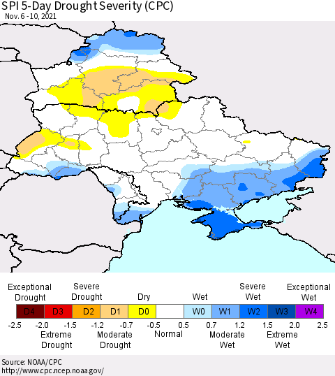 Ukraine, Moldova and Belarus SPI 5-Day Drought Severity (CPC) Thematic Map For 11/6/2021 - 11/10/2021