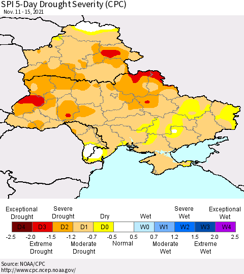 Ukraine, Moldova and Belarus SPI 5-Day Drought Severity (CPC) Thematic Map For 11/11/2021 - 11/15/2021