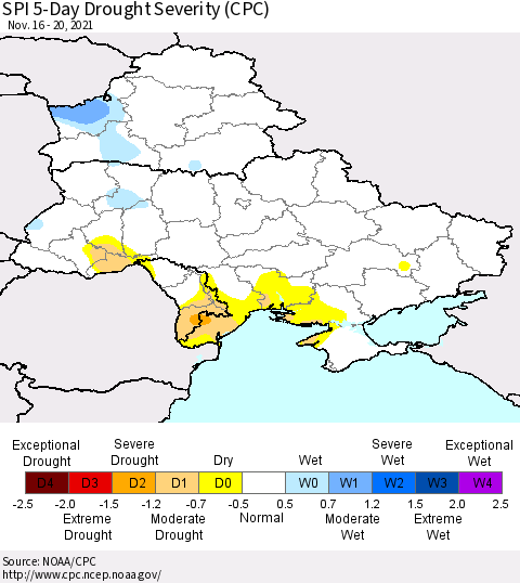 Ukraine, Moldova and Belarus SPI 5-Day Drought Severity (CPC) Thematic Map For 11/16/2021 - 11/20/2021