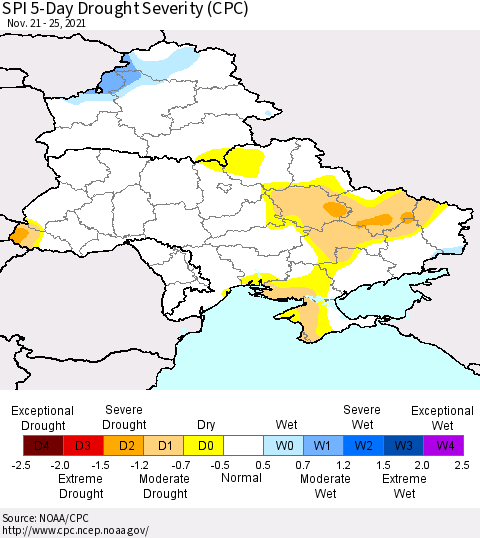 Ukraine, Moldova and Belarus SPI 5-Day Drought Severity (CPC) Thematic Map For 11/21/2021 - 11/25/2021