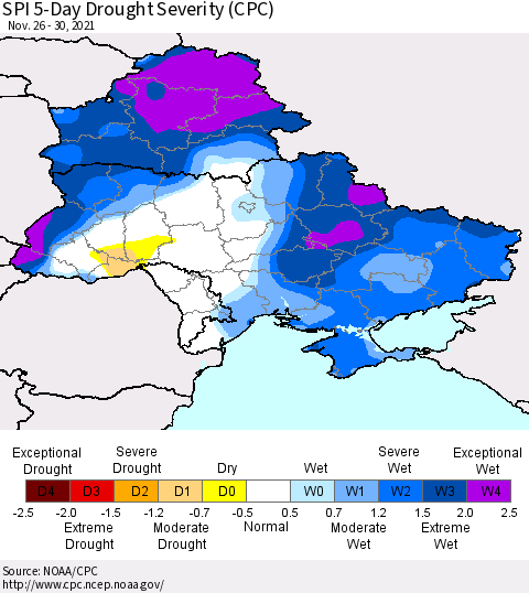 Ukraine, Moldova and Belarus SPI 5-Day Drought Severity (CPC) Thematic Map For 11/26/2021 - 11/30/2021