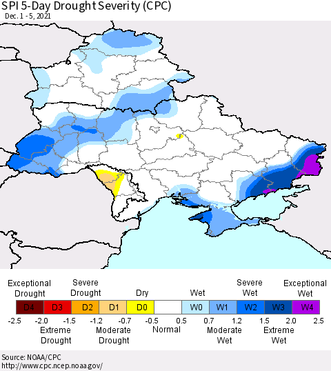 Ukraine, Moldova and Belarus SPI 5-Day Drought Severity (CPC) Thematic Map For 12/1/2021 - 12/5/2021