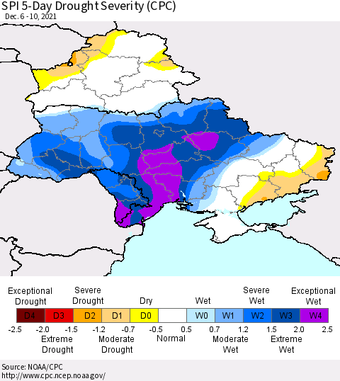 Ukraine, Moldova and Belarus SPI 5-Day Drought Severity (CPC) Thematic Map For 12/6/2021 - 12/10/2021