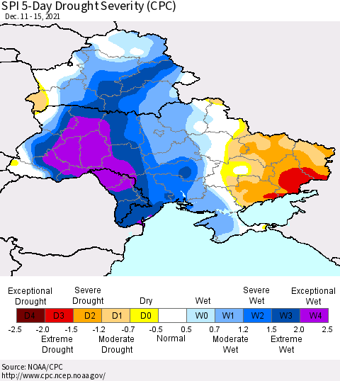 Ukraine, Moldova and Belarus SPI 5-Day Drought Severity (CPC) Thematic Map For 12/11/2021 - 12/15/2021