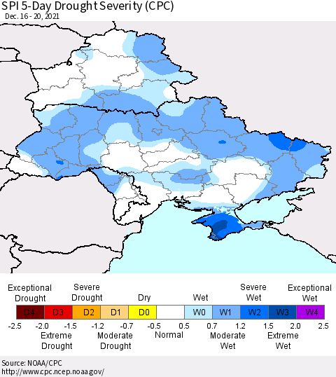 Ukraine, Moldova and Belarus SPI 5-Day Drought Severity (CPC) Thematic Map For 12/16/2021 - 12/20/2021