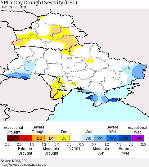 Ukraine, Moldova and Belarus SPI 5-Day Drought Severity (CPC) Thematic Map For 12/21/2021 - 12/25/2021