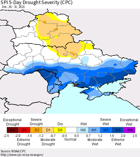 Ukraine, Moldova and Belarus SPI 5-Day Drought Severity (CPC) Thematic Map For 12/26/2021 - 12/31/2021