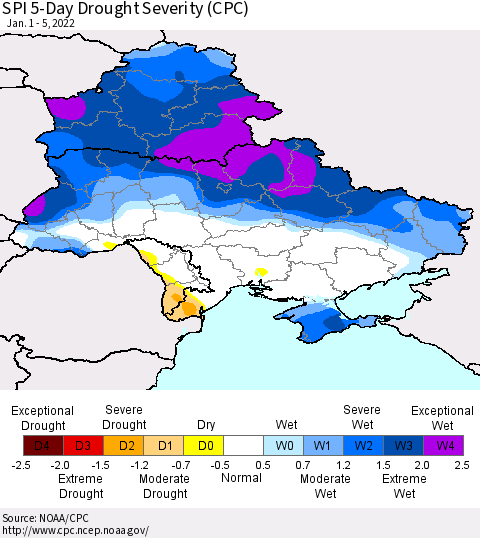 Ukraine, Moldova and Belarus SPI 5-Day Drought Severity (CPC) Thematic Map For 1/1/2022 - 1/5/2022