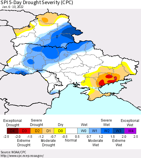 Ukraine, Moldova and Belarus SPI 5-Day Drought Severity (CPC) Thematic Map For 1/6/2022 - 1/10/2022