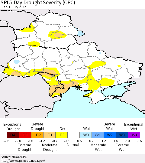 Ukraine, Moldova and Belarus SPI 5-Day Drought Severity (CPC) Thematic Map For 1/11/2022 - 1/15/2022