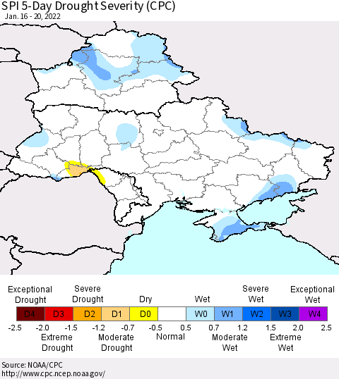 Ukraine, Moldova and Belarus SPI 5-Day Drought Severity (CPC) Thematic Map For 1/16/2022 - 1/20/2022