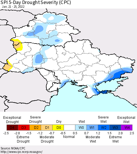 Ukraine, Moldova and Belarus SPI 5-Day Drought Severity (CPC) Thematic Map For 1/21/2022 - 1/25/2022