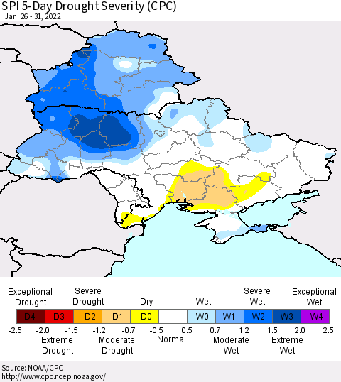Ukraine, Moldova and Belarus SPI 5-Day Drought Severity (CPC) Thematic Map For 1/26/2022 - 1/31/2022