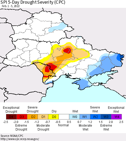 Ukraine, Moldova and Belarus SPI 5-Day Drought Severity (CPC) Thematic Map For 2/1/2022 - 2/5/2022