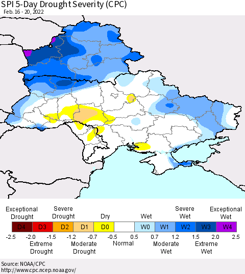 Ukraine, Moldova and Belarus SPI 5-Day Drought Severity (CPC) Thematic Map For 2/16/2022 - 2/20/2022