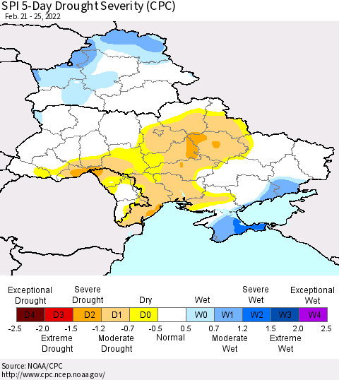 Ukraine, Moldova and Belarus SPI 5-Day Drought Severity (CPC) Thematic Map For 2/21/2022 - 2/25/2022
