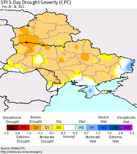 Ukraine, Moldova and Belarus SPI 5-Day Drought Severity (CPC) Thematic Map For 2/26/2022 - 2/28/2022