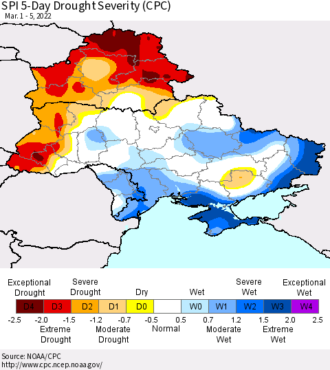Ukraine, Moldova and Belarus SPI 5-Day Drought Severity (CPC) Thematic Map For 3/1/2022 - 3/5/2022
