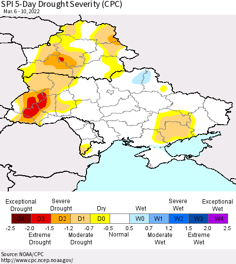 Ukraine, Moldova and Belarus SPI 5-Day Drought Severity (CPC) Thematic Map For 3/6/2022 - 3/10/2022