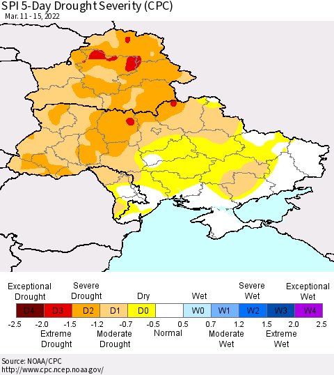 Ukraine, Moldova and Belarus SPI 5-Day Drought Severity (CPC) Thematic Map For 3/11/2022 - 3/15/2022