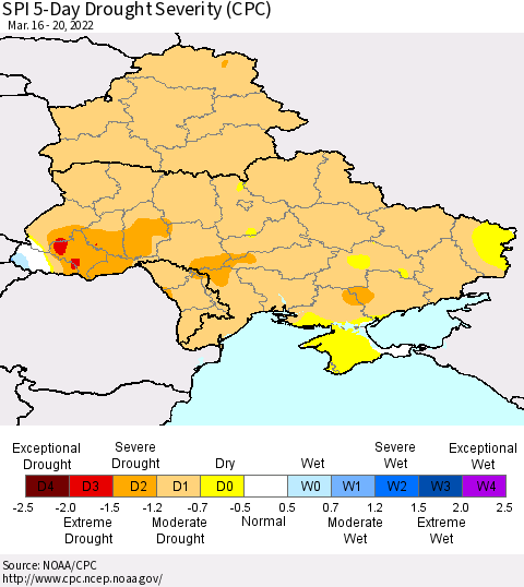 Ukraine, Moldova and Belarus SPI 5-Day Drought Severity (CPC) Thematic Map For 3/16/2022 - 3/20/2022