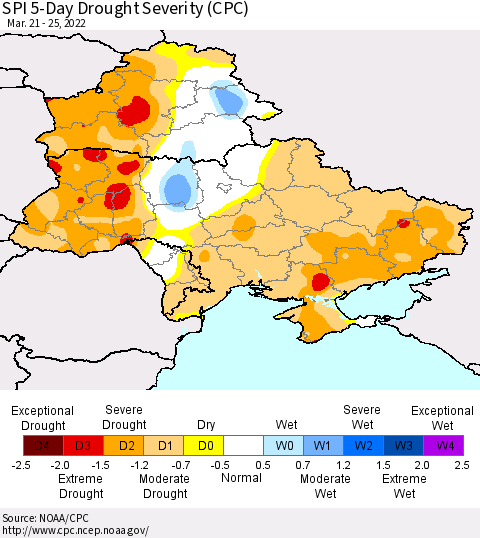 Ukraine, Moldova and Belarus SPI 5-Day Drought Severity (CPC) Thematic Map For 3/21/2022 - 3/25/2022