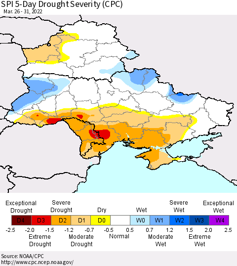 Ukraine, Moldova and Belarus SPI 5-Day Drought Severity (CPC) Thematic Map For 3/26/2022 - 3/31/2022