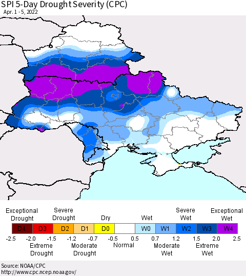 Ukraine, Moldova and Belarus SPI 5-Day Drought Severity (CPC) Thematic Map For 4/1/2022 - 4/5/2022