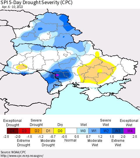 Ukraine, Moldova and Belarus SPI 5-Day Drought Severity (CPC) Thematic Map For 4/6/2022 - 4/10/2022