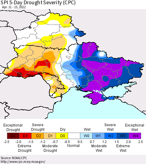 Ukraine, Moldova and Belarus SPI 5-Day Drought Severity (CPC) Thematic Map For 4/11/2022 - 4/15/2022