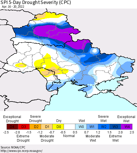 Ukraine, Moldova and Belarus SPI 5-Day Drought Severity (CPC) Thematic Map For 4/16/2022 - 4/20/2022
