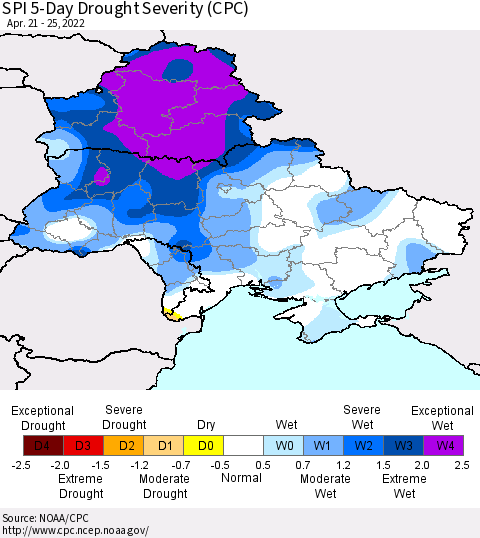 Ukraine, Moldova and Belarus SPI 5-Day Drought Severity (CPC) Thematic Map For 4/21/2022 - 4/25/2022