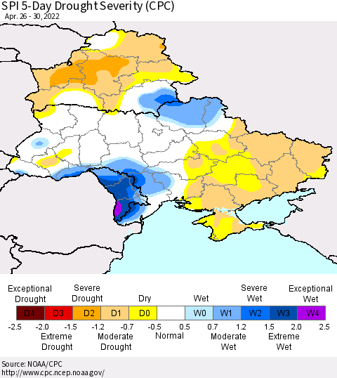Ukraine, Moldova and Belarus SPI 5-Day Drought Severity (CPC) Thematic Map For 4/26/2022 - 4/30/2022