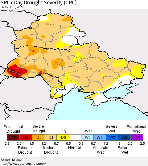 Ukraine, Moldova and Belarus SPI 5-Day Drought Severity (CPC) Thematic Map For 5/1/2022 - 5/5/2022
