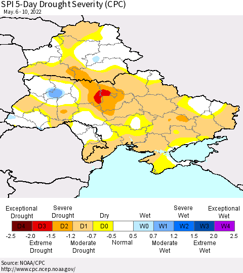 Ukraine, Moldova and Belarus SPI 5-Day Drought Severity (CPC) Thematic Map For 5/6/2022 - 5/10/2022