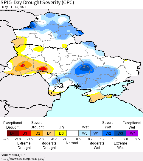 Ukraine, Moldova and Belarus SPI 5-Day Drought Severity (CPC) Thematic Map For 5/11/2022 - 5/15/2022