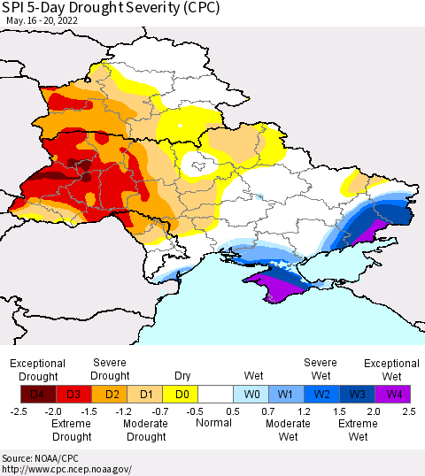 Ukraine, Moldova and Belarus SPI 5-Day Drought Severity (CPC) Thematic Map For 5/16/2022 - 5/20/2022