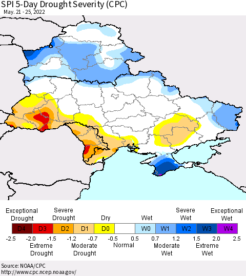 Ukraine, Moldova and Belarus SPI 5-Day Drought Severity (CPC) Thematic Map For 5/21/2022 - 5/25/2022