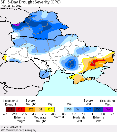 Ukraine, Moldova and Belarus SPI 5-Day Drought Severity (CPC) Thematic Map For 5/26/2022 - 5/31/2022
