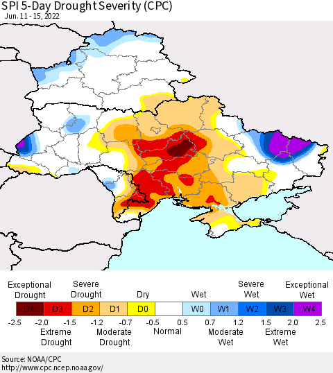 Ukraine, Moldova and Belarus SPI 5-Day Drought Severity (CPC) Thematic Map For 6/11/2022 - 6/15/2022