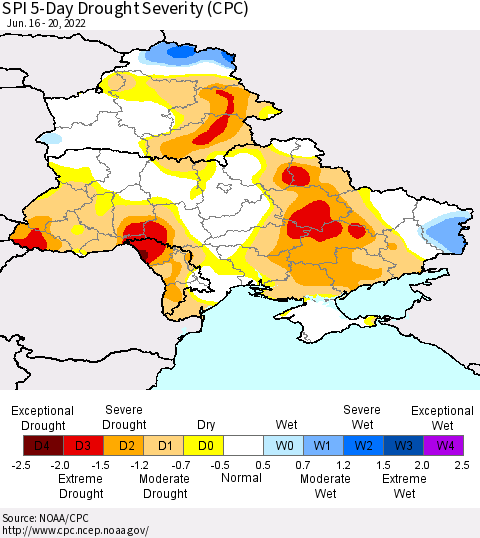 Ukraine, Moldova and Belarus SPI 5-Day Drought Severity (CPC) Thematic Map For 6/16/2022 - 6/20/2022