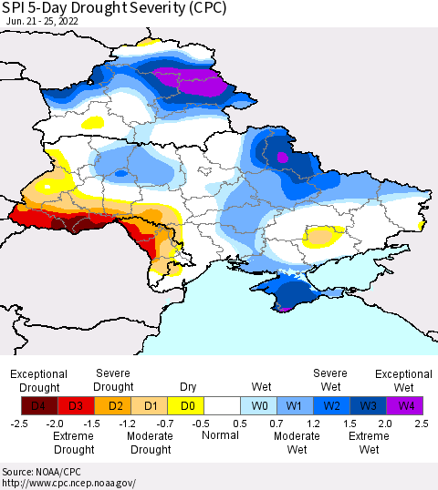 Ukraine, Moldova and Belarus SPI 5-Day Drought Severity (CPC) Thematic Map For 6/21/2022 - 6/25/2022