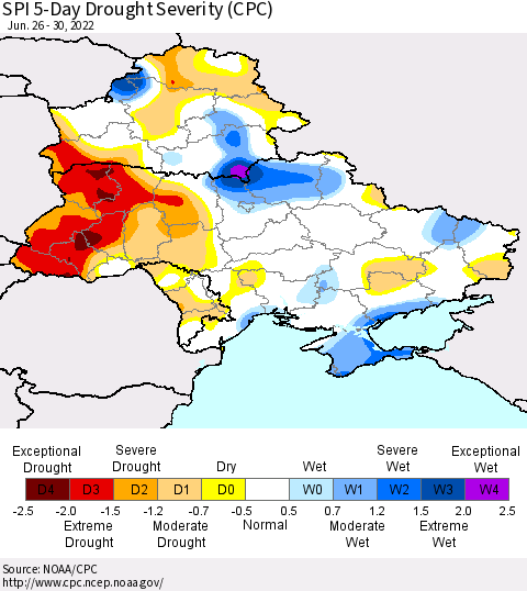 Ukraine, Moldova and Belarus SPI 5-Day Drought Severity (CPC) Thematic Map For 6/26/2022 - 6/30/2022