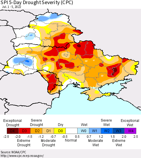 Ukraine, Moldova and Belarus SPI 5-Day Drought Severity (CPC) Thematic Map For 7/1/2022 - 7/5/2022