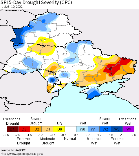Ukraine, Moldova and Belarus SPI 5-Day Drought Severity (CPC) Thematic Map For 7/6/2022 - 7/10/2022