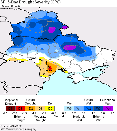 Ukraine, Moldova and Belarus SPI 5-Day Drought Severity (CPC) Thematic Map For 7/11/2022 - 7/15/2022