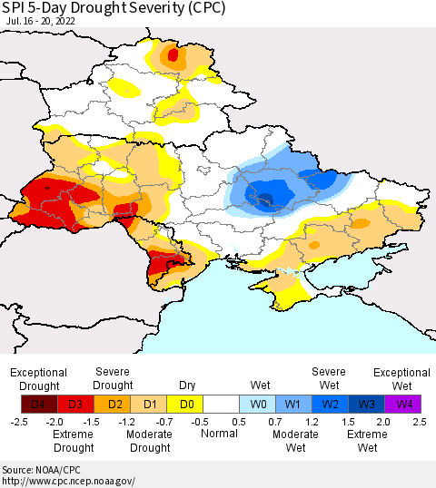 Ukraine, Moldova and Belarus SPI 5-Day Drought Severity (CPC) Thematic Map For 7/16/2022 - 7/20/2022